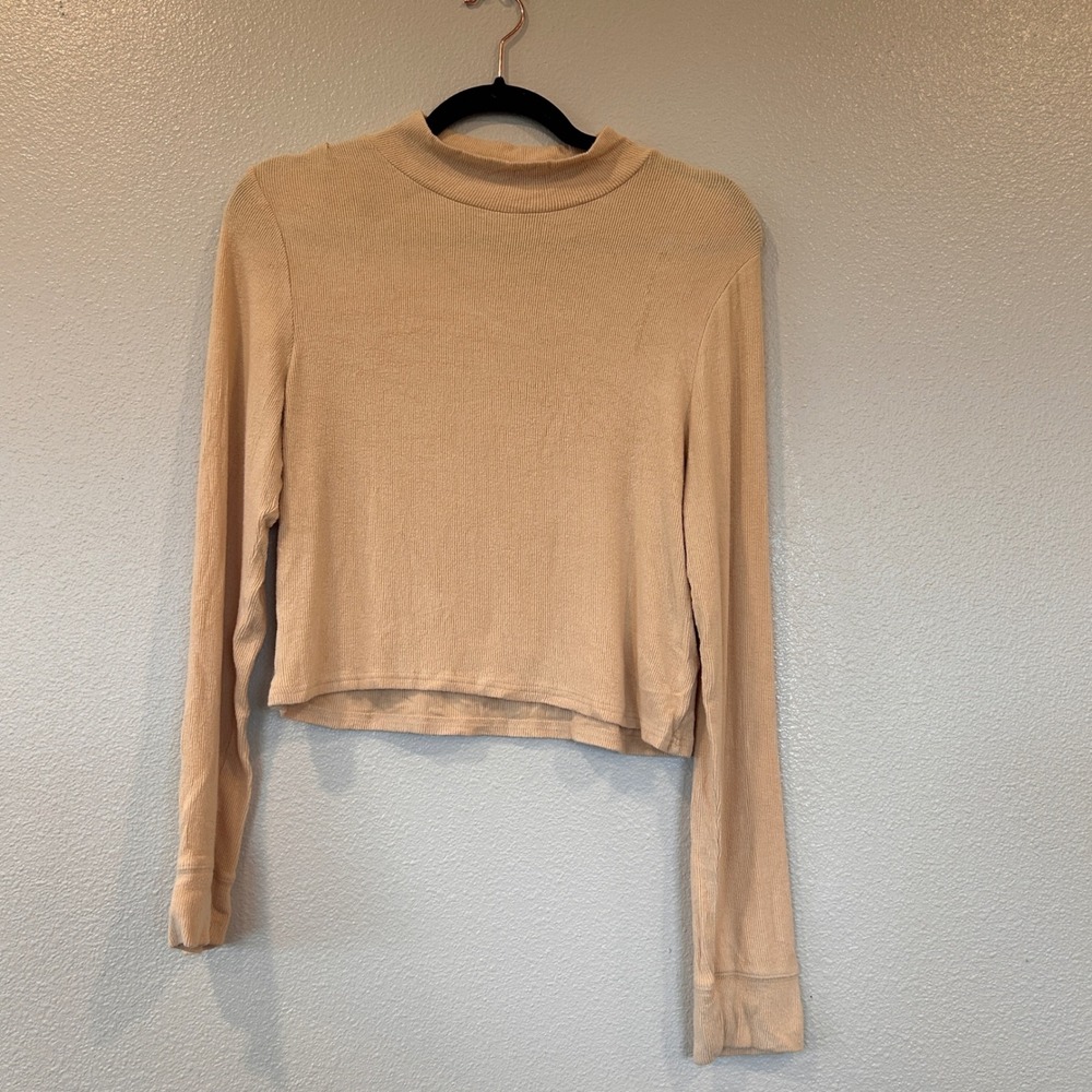 BP. Womens Mock Neck Ribbed Crop Top Beige Long‎ Sleeve Rayon Blend Large F5-024